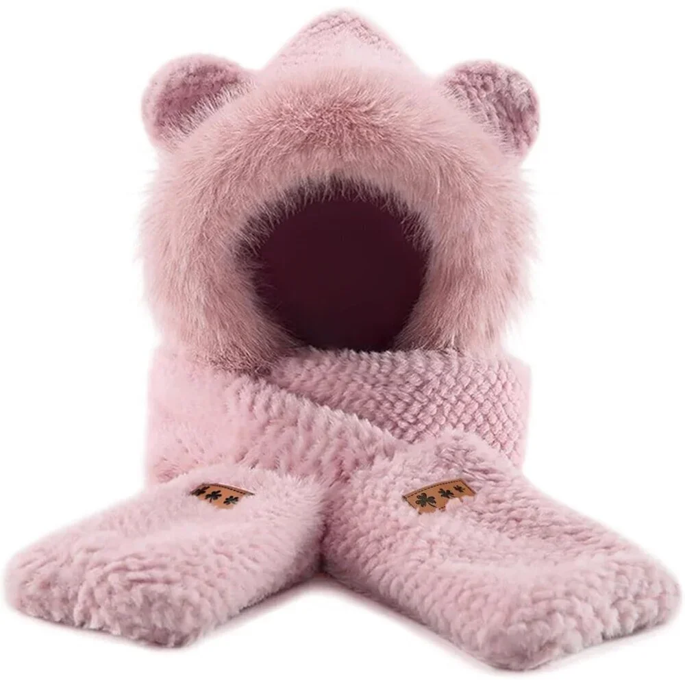 Women's Pink Hooded Scarf Cute Bear Ear Hat Faux Fur Gloves Set Soft